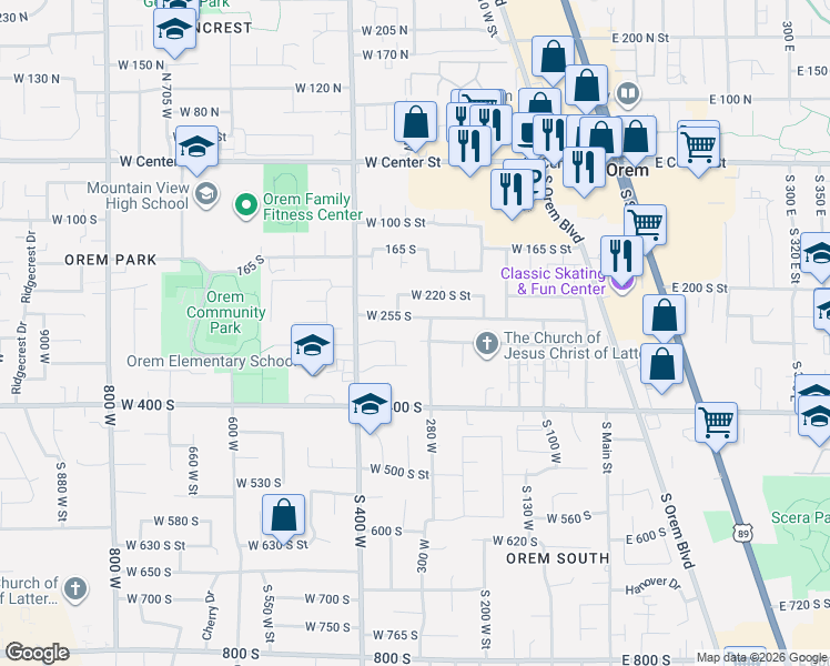 map of restaurants, bars, coffee shops, grocery stores, and more near 331 South 340 West in Orem