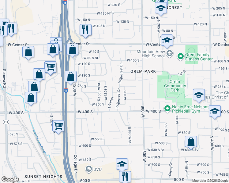 map of restaurants, bars, coffee shops, grocery stores, and more near 312 Ridgecrest Drive in Orem