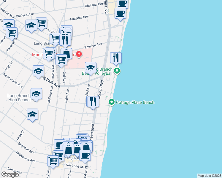 map of restaurants, bars, coffee shops, grocery stores, and more near 385 Ocean Boulevard in Long Branch