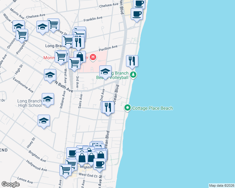 map of restaurants, bars, coffee shops, grocery stores, and more near 385 Ocean Boulevard in Long Branch