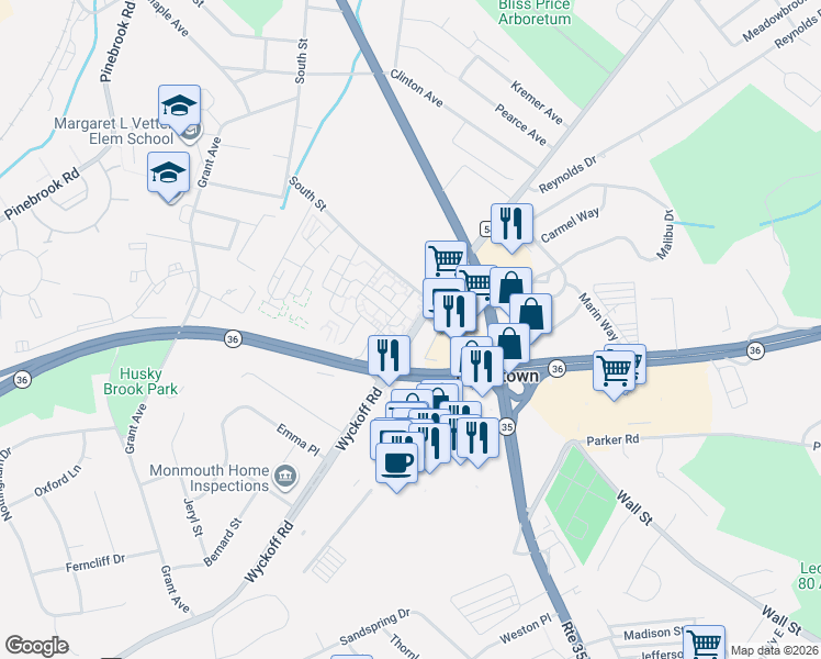 map of restaurants, bars, coffee shops, grocery stores, and more near 176 Wyckoff Road in Eatontown