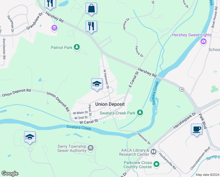 map of restaurants, bars, coffee shops, grocery stores, and more near 13 North Hanover Street in Hershey