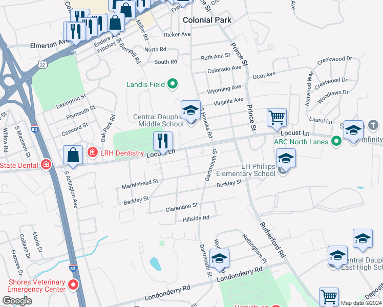 map of restaurants, bars, coffee shops, grocery stores, and more near 4610 Elba Lane in Harrisburg