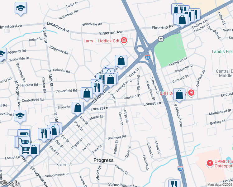 map of restaurants, bars, coffee shops, grocery stores, and more near 54 South 39th Street in Harrisburg