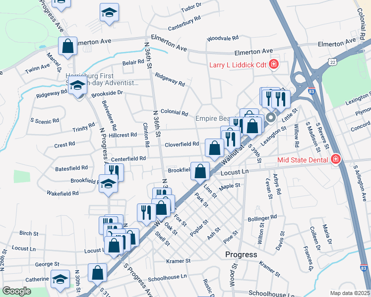 map of restaurants, bars, coffee shops, grocery stores, and more near 3617 Centerfield Road in Harrisburg