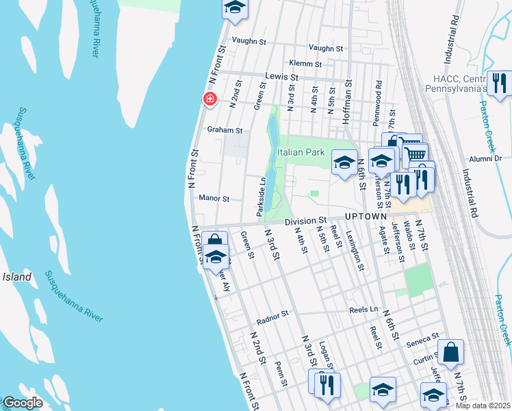 map of restaurants, bars, coffee shops, grocery stores, and more near 2908 Parkside Lane in Harrisburg