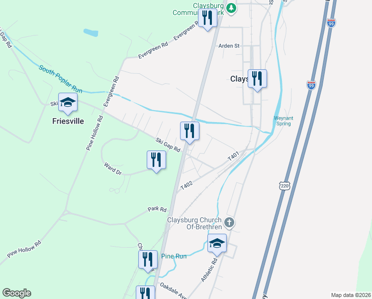 map of restaurants, bars, coffee shops, grocery stores, and more near 13138 Dunnings Highway in Claysburg