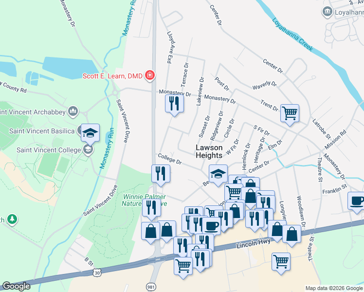 map of restaurants, bars, coffee shops, grocery stores, and more near 1226 College Drive in Latrobe