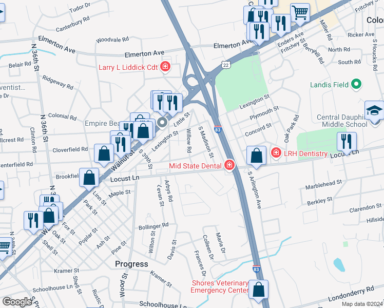 map of restaurants, bars, coffee shops, grocery stores, and more near 129 Willow Road in Harrisburg