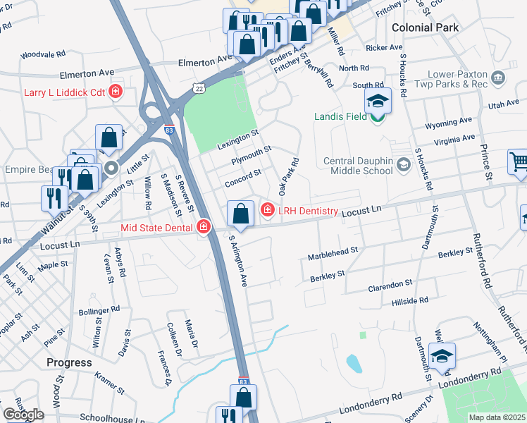 map of restaurants, bars, coffee shops, grocery stores, and more near 249 Locust Grove Court in Harrisburg