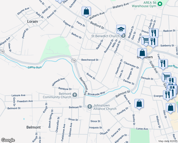 map of restaurants, bars, coffee shops, grocery stores, and more near 328 Boise Street in Johnstown