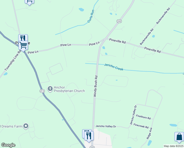 map of restaurants, bars, coffee shops, grocery stores, and more near 2726 Windy Bush Road in Newtown