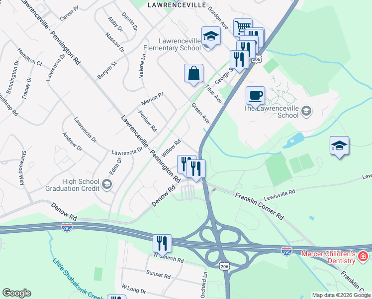 map of restaurants, bars, coffee shops, grocery stores, and more near 11 Monroe Avenue in Lawrence Township