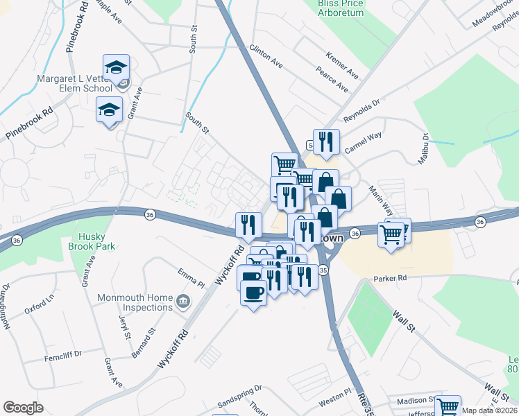 map of restaurants, bars, coffee shops, grocery stores, and more near 176 Wyckoff Road in Eatontown