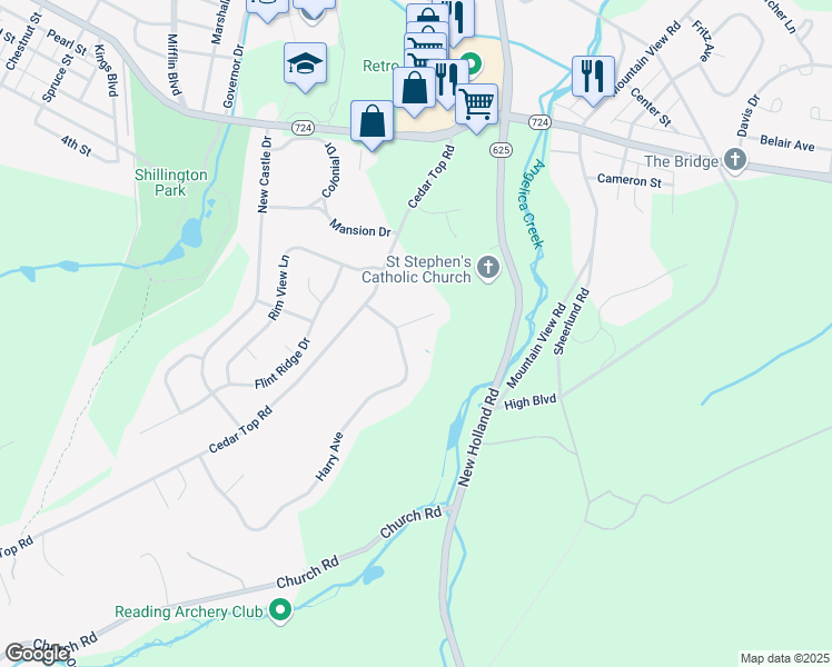 map of restaurants, bars, coffee shops, grocery stores, and more near 5 Steever's Court in Reading