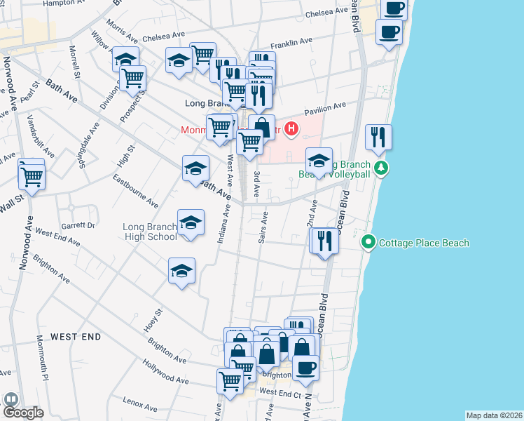map of restaurants, bars, coffee shops, grocery stores, and more near 384 Sairs Avenue in Long Branch