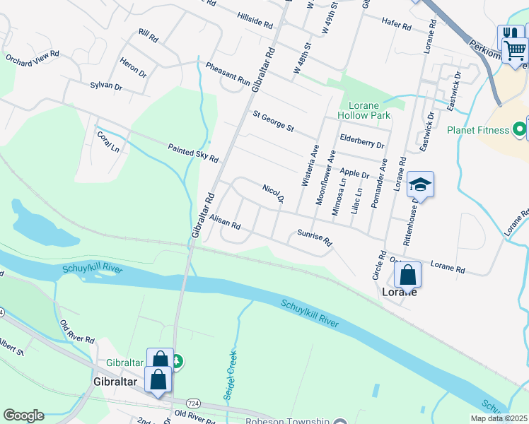 map of restaurants, bars, coffee shops, grocery stores, and more near 204 Nicol Drive in Reading