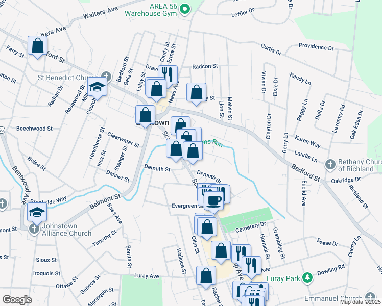map of restaurants, bars, coffee shops, grocery stores, and more near 640 Lamberd Avenue in Johnstown