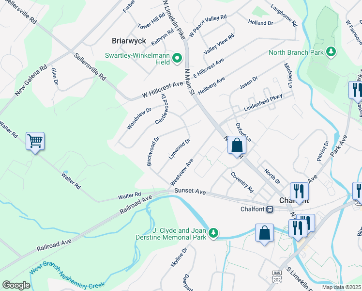 map of restaurants, bars, coffee shops, grocery stores, and more near 52 Lynwood Dr in Chalfont