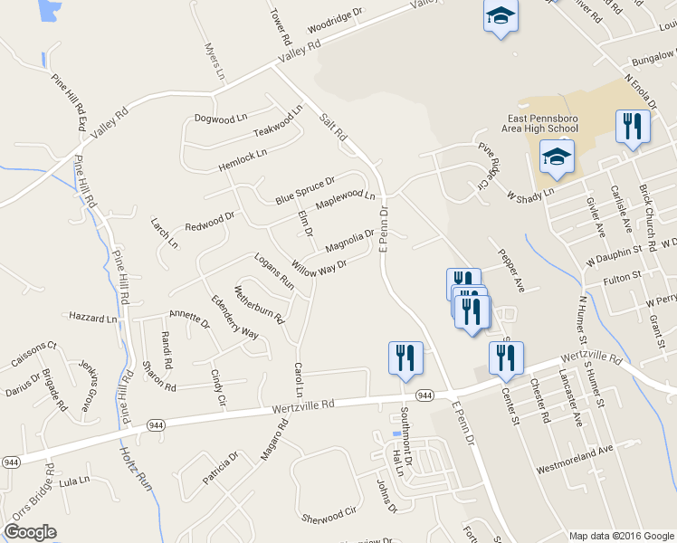 map of restaurants, bars, coffee shops, grocery stores, and more near 18 Willow Way Drive in Enola