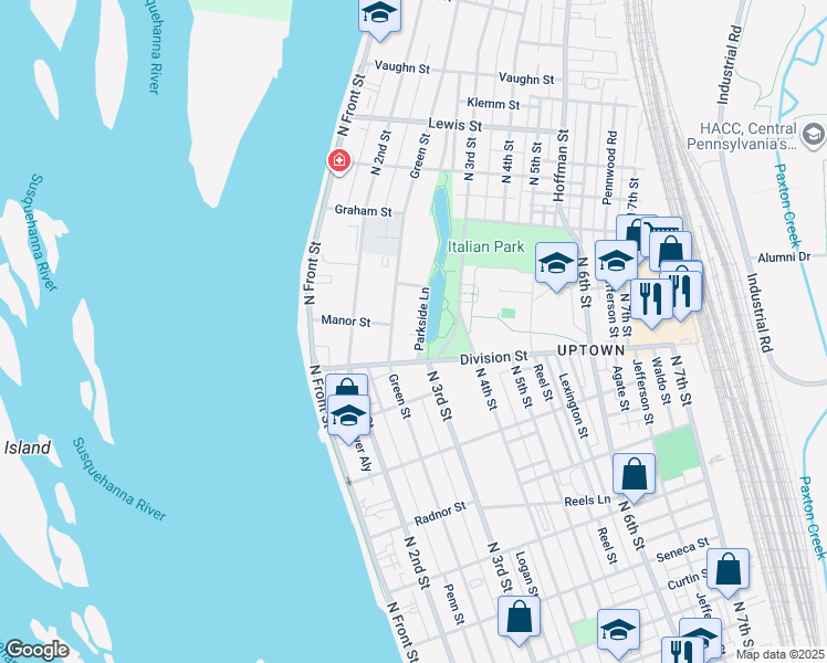 map of restaurants, bars, coffee shops, grocery stores, and more near 2908 Parkside Lane in Harrisburg
