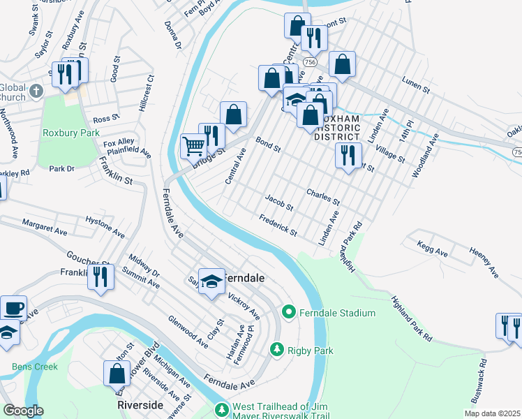 map of restaurants, bars, coffee shops, grocery stores, and more near 822 Park Avenue in Johnstown