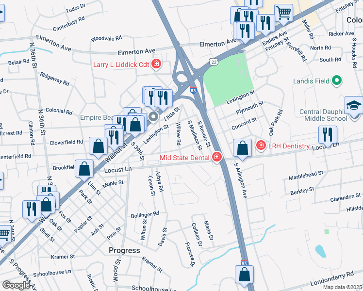 map of restaurants, bars, coffee shops, grocery stores, and more near 129 Willow Road in Harrisburg
