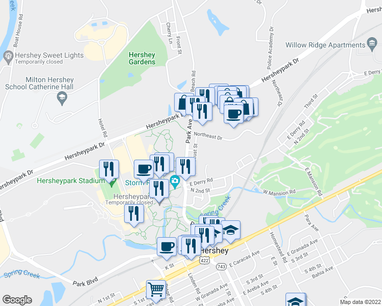 map of restaurants, bars, coffee shops, grocery stores, and more near 524 Park Avenue in Hershey