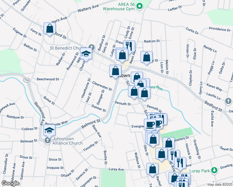 map of restaurants, bars, coffee shops, grocery stores, and more near 203 Belmont Street in Johnstown