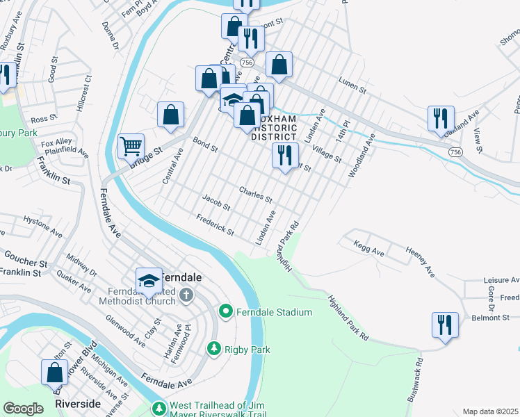 map of restaurants, bars, coffee shops, grocery stores, and more near 810 Highland Avenue in Johnstown