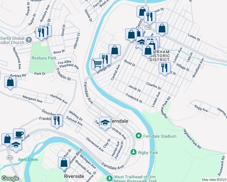map of restaurants, bars, coffee shops, grocery stores, and more near Jim Mayer Riverwalk in Johnstown