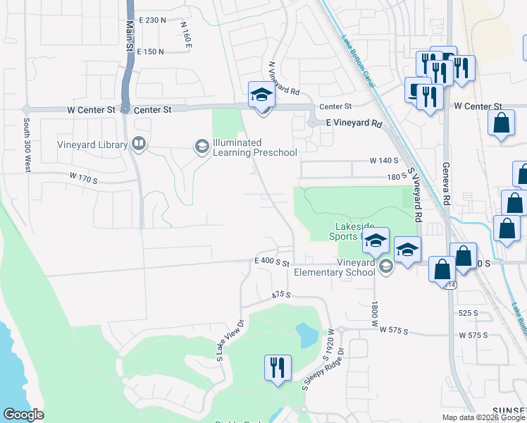 map of restaurants, bars, coffee shops, grocery stores, and more near 180 South Holdaway Road in Orem