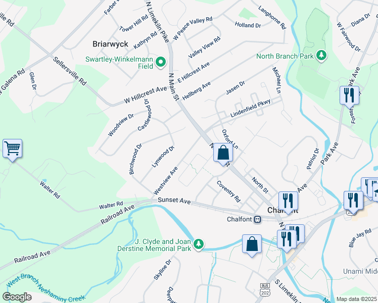 map of restaurants, bars, coffee shops, grocery stores, and more near 49 Westview Avenue in Chalfont