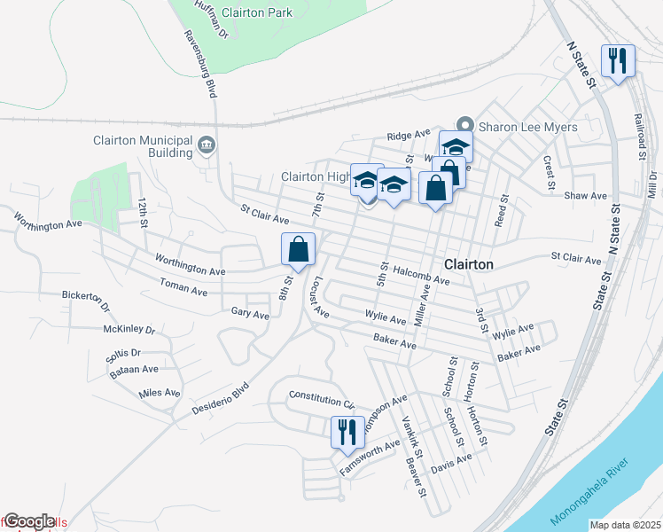 map of restaurants, bars, coffee shops, grocery stores, and more near 637 6th Street in Clairton