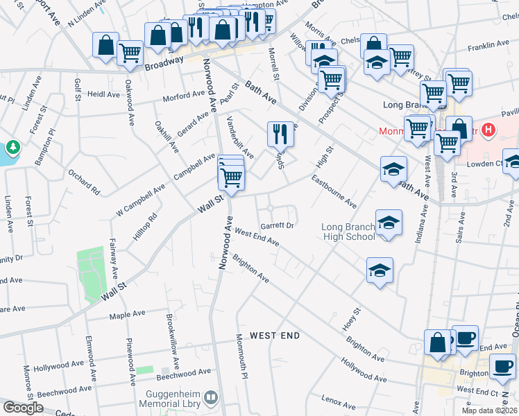 map of restaurants, bars, coffee shops, grocery stores, and more near 22 Garrett Drive in Long Branch