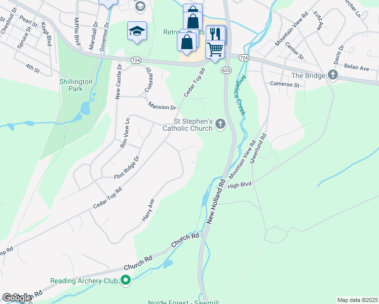 map of restaurants, bars, coffee shops, grocery stores, and more near 5 Steever's Court in Reading