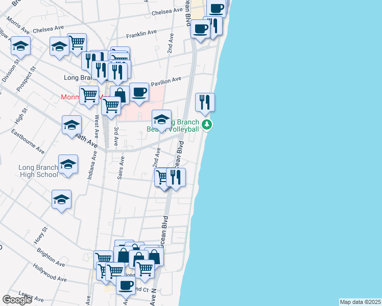 map of restaurants, bars, coffee shops, grocery stores, and more near 2 North Bath Avenue in Long Branch