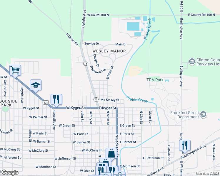 map of restaurants, bars, coffee shops, grocery stores, and more near 1408 North Main Street in Frankfort