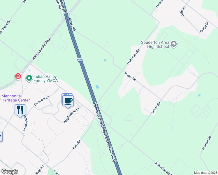 map of restaurants, bars, coffee shops, grocery stores, and more near Halteman Rd in Souderton