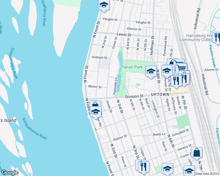 map of restaurants, bars, coffee shops, grocery stores, and more near 2919 Green Street in Harrisburg
