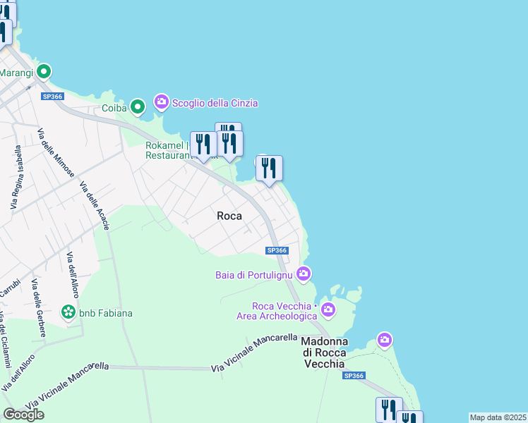 map of restaurants, bars, coffee shops, grocery stores, and more near 27 Piazza del Mare in Roca Vecchia