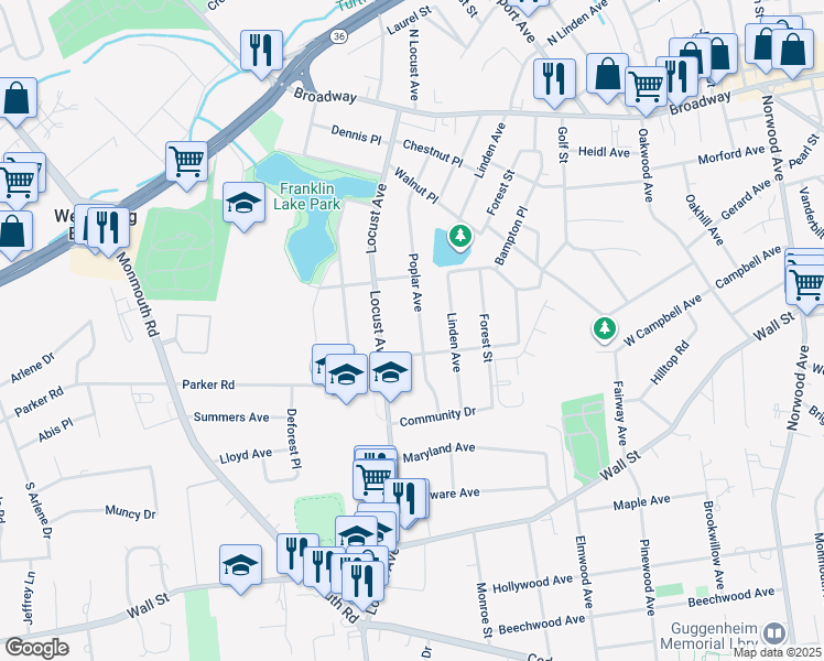 map of restaurants, bars, coffee shops, grocery stores, and more near 66 Poplar Avenue in West Long Branch