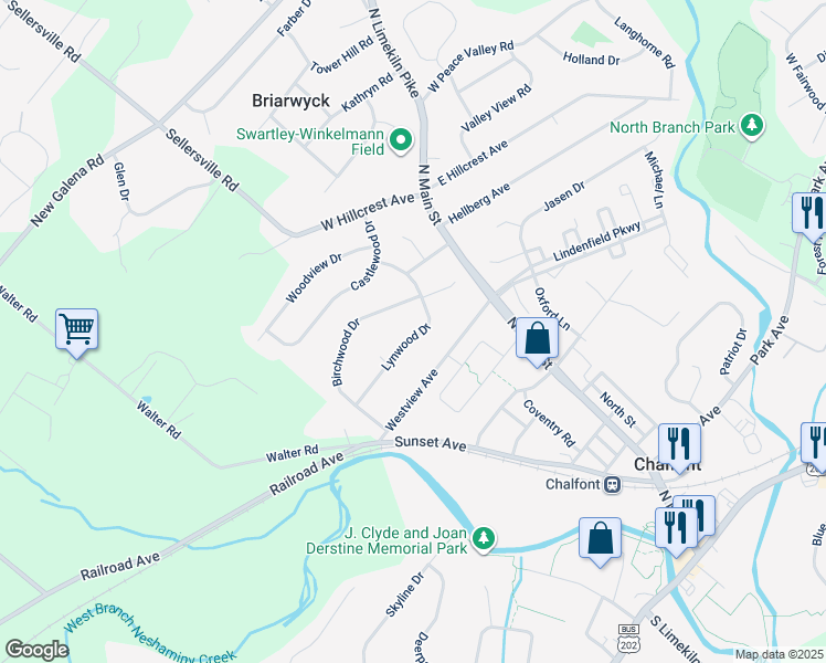 map of restaurants, bars, coffee shops, grocery stores, and more near 52 Lynwood Drive in Chalfont