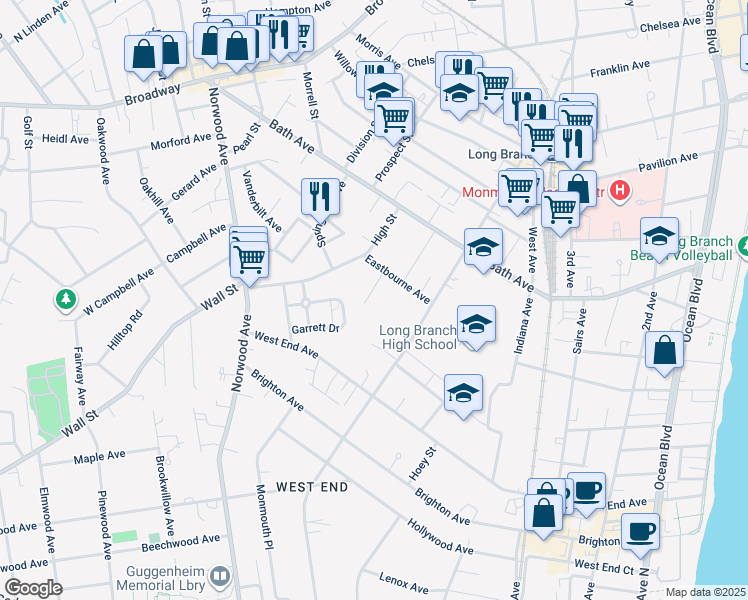 map of restaurants, bars, coffee shops, grocery stores, and more near 480 Rickey Lane in Long Branch