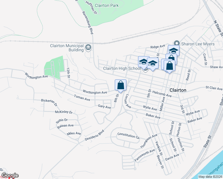 map of restaurants, bars, coffee shops, grocery stores, and more near 904 9th Street in Clairton