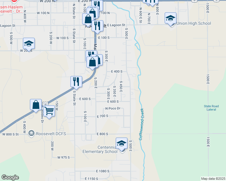 map of restaurants, bars, coffee shops, grocery stores, and more near 510 South 350 East in Roosevelt