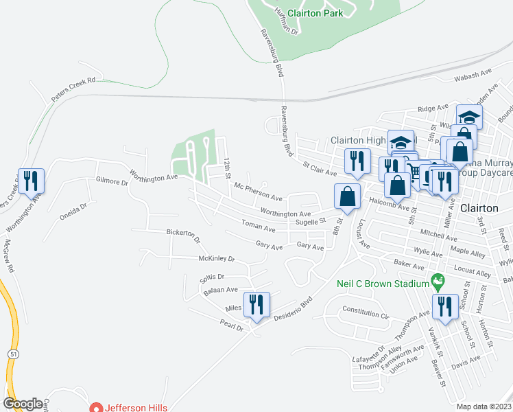 map of restaurants, bars, coffee shops, grocery stores, and more near 1037 Worthington Avenue in Clairton