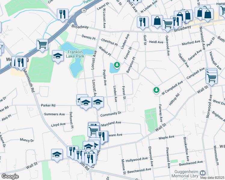 map of restaurants, bars, coffee shops, grocery stores, and more near 66 Poplar Avenue in West Long Branch