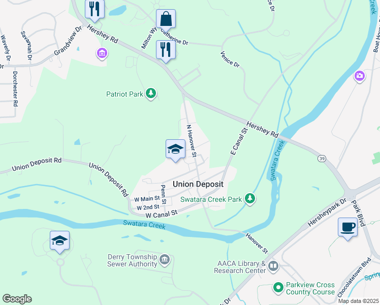 map of restaurants, bars, coffee shops, grocery stores, and more near 406 North Hanover Street in Hershey