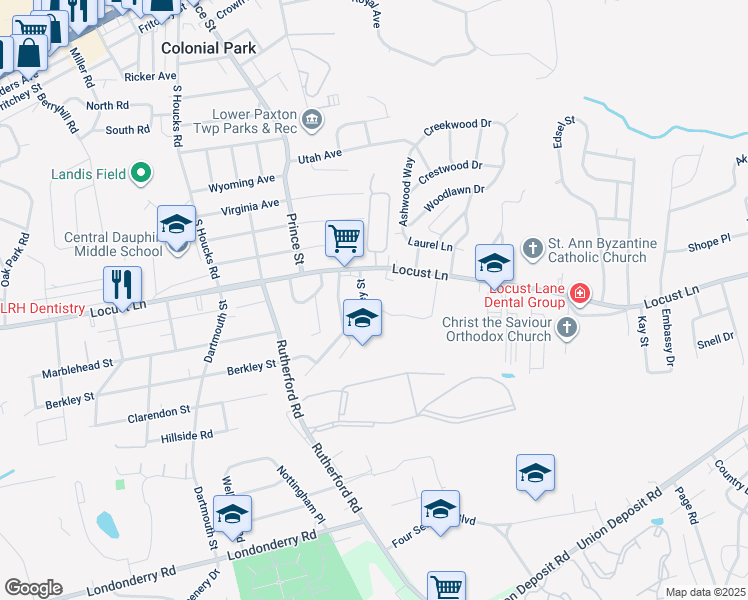 map of restaurants, bars, coffee shops, grocery stores, and more near 5023 Locust Lane in Harrisburg